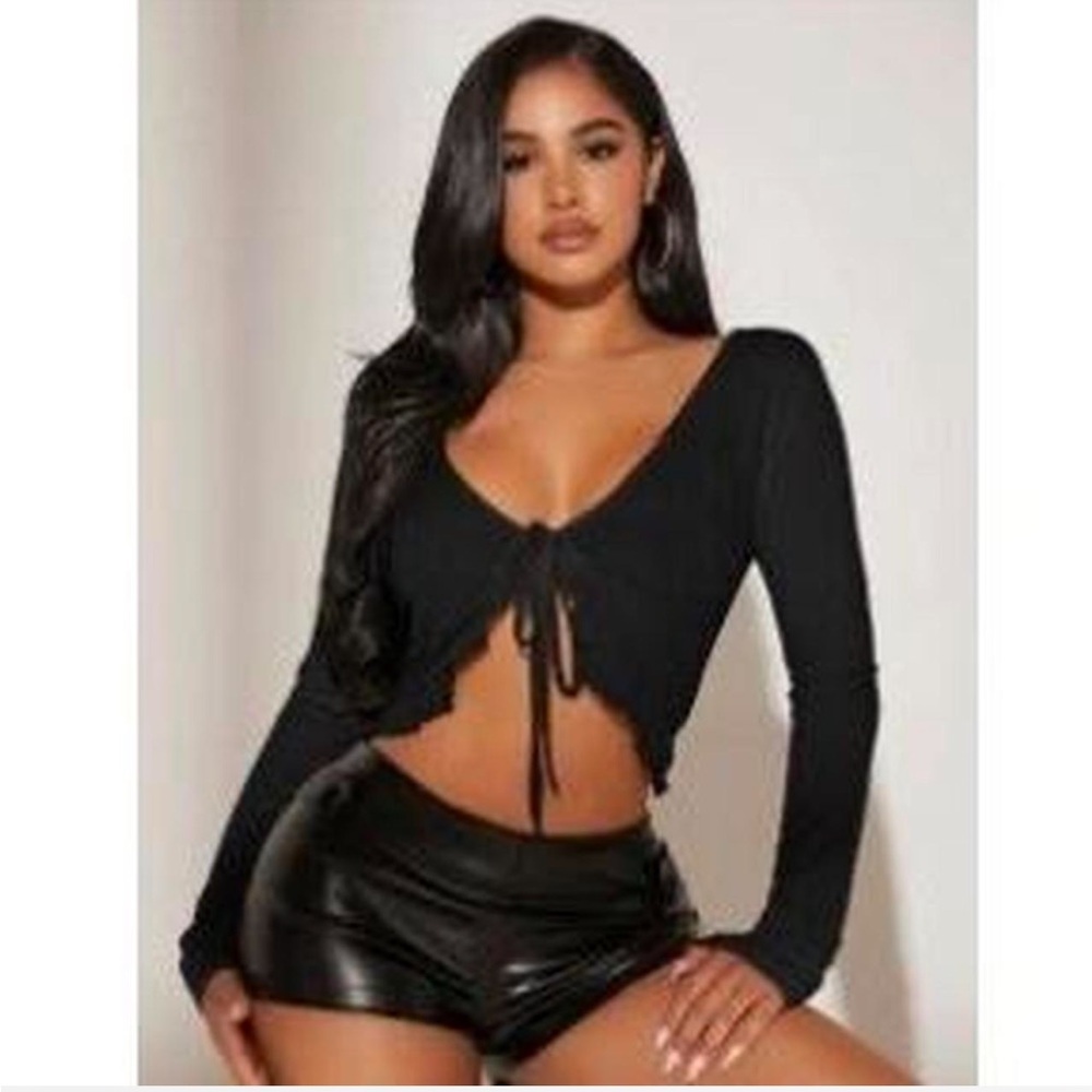 Black Long Sleeve Tie-Front Top